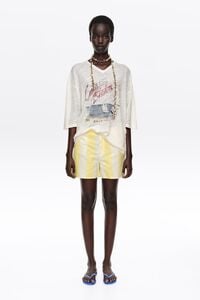 Light lime striped linen fitted shorts