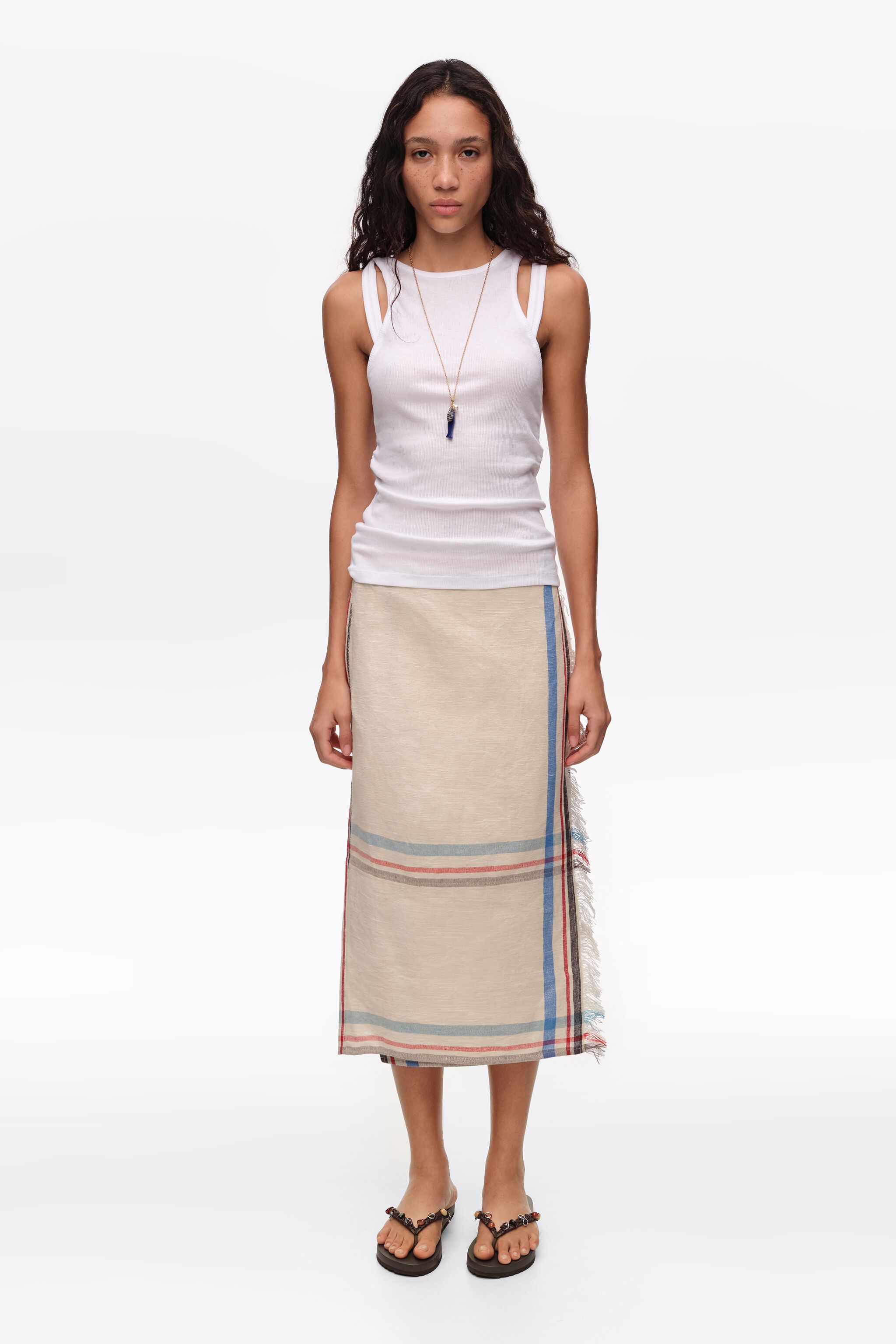 Ecru linen straight striped midi wrap skirt