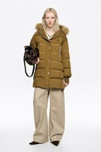 Midi length dark khaki fur hooded down jacket