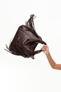 Medium coffee leather fringed Paper bag
