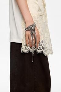 Crystals and chain knot bracelet with dark silver ring