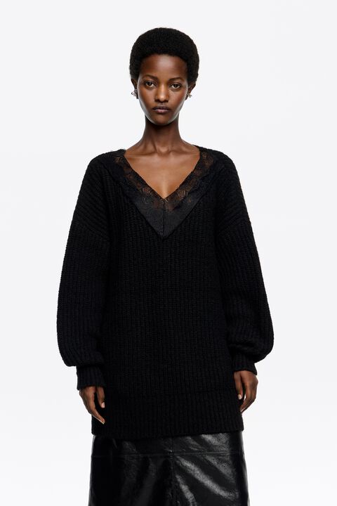 Pull Fin Léger Soie Noire Avec Jabot Dentelle - Marque 1 2 3 - Taille 44 - Neuf Sans étiquettes