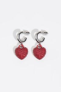 Silver hoop earrings with red crystals heart