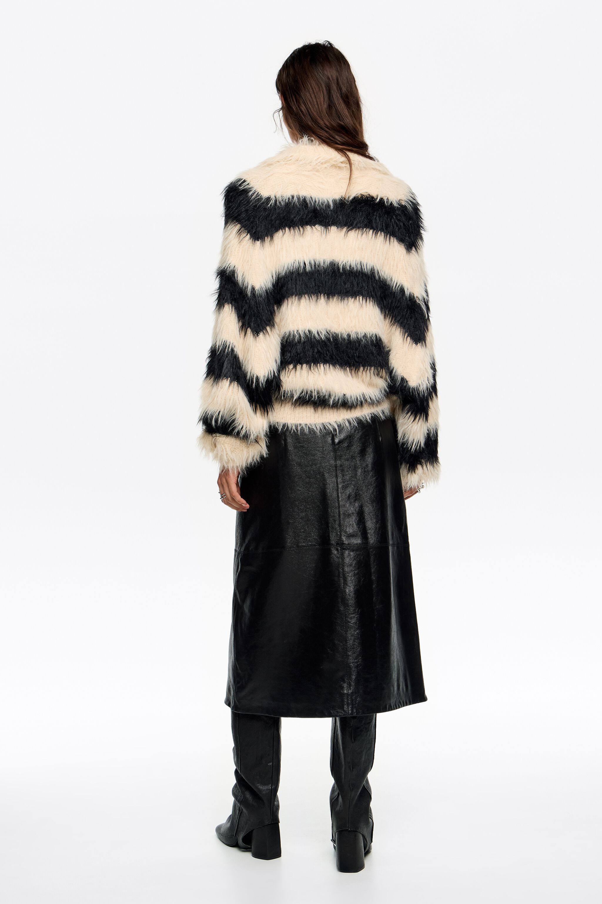 Oversize black and white striped fur cardigan