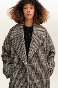 Taupe check maxi-lapel coat