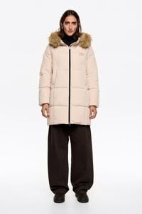 Straight ivory down jacket with fur hood