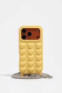 Yellow silicone iPhone 17 Pro case with cord