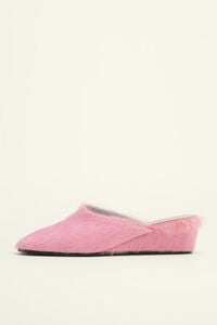 Pink leather fur wedge mule