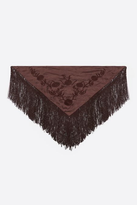 Fringe-Trimmed Coat with Embroidered Scarf Accent - Brown main image 0