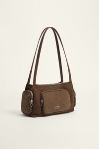 Large dark khaki cotton and suede Pocket shoulder bag