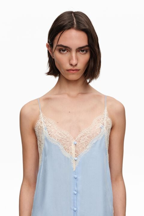 Light blue slip dress with contrast lace trim Light blue slip dress with contrast lace trim