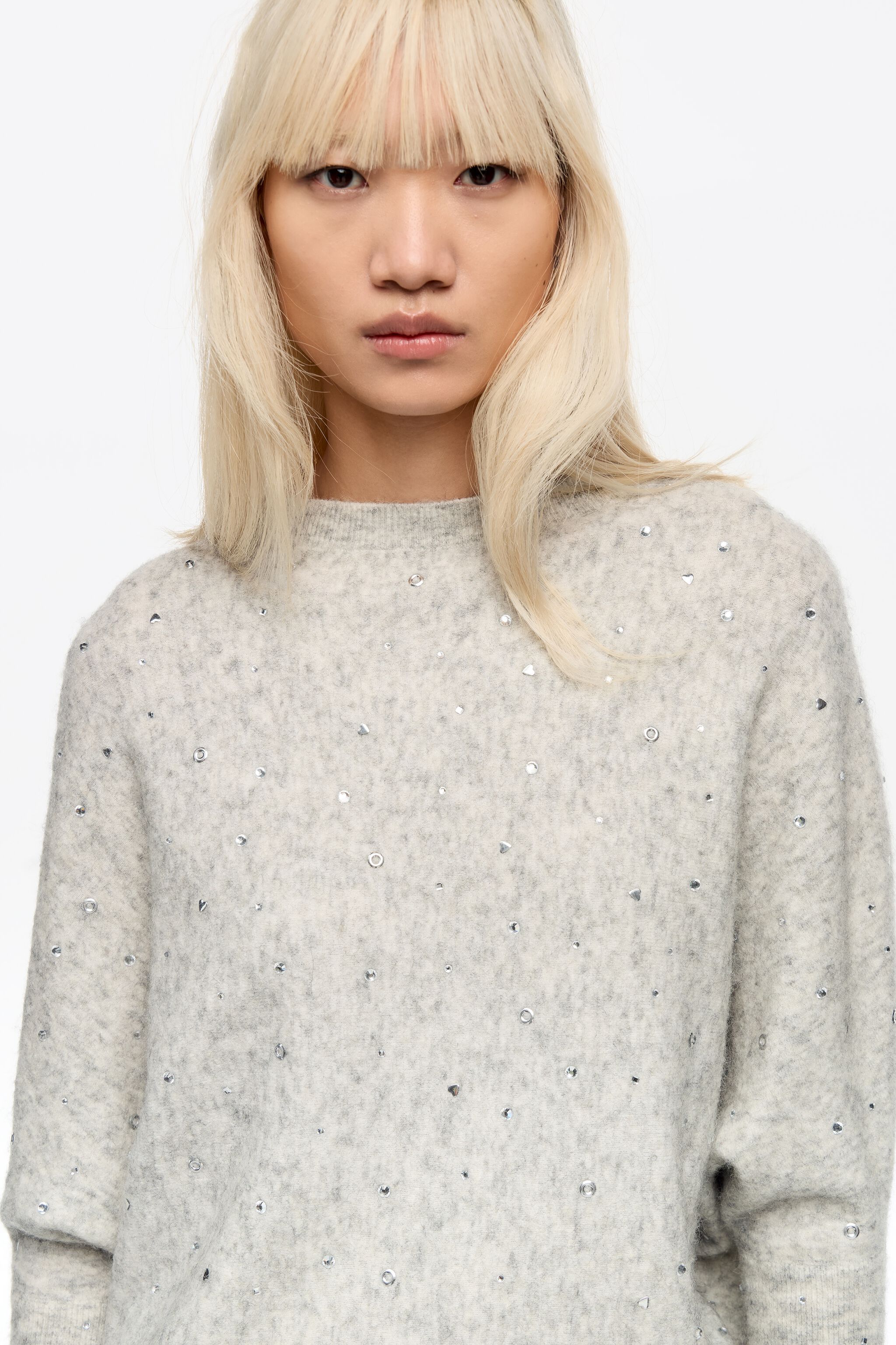 Grey rhinestone wool batwing sleeve sweater