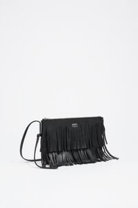 Small black leather fringed clutch bag