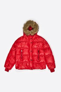 Short red fur hooded down jacket