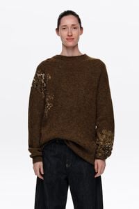 Olive alpaca high neck sweater with lace detailing