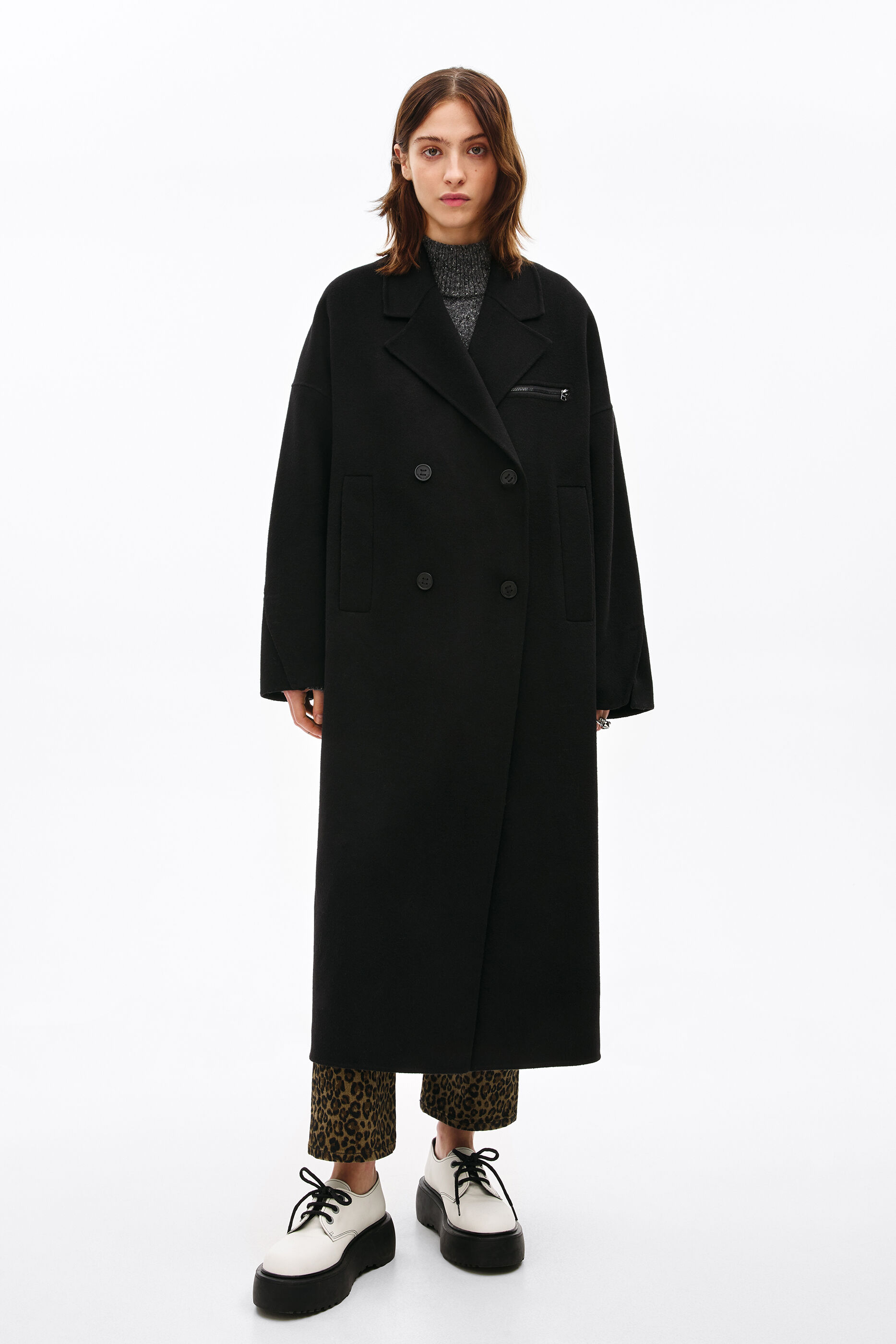 black wool longline coat