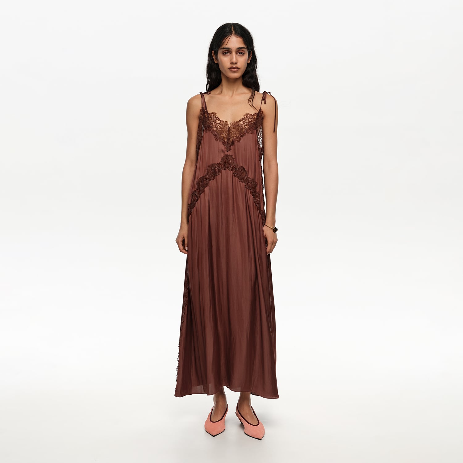 Bimba Y Lola Brown Lace Fluid Dress