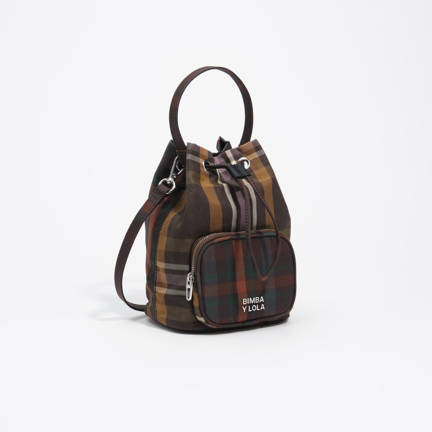 Torebka bucket woskowane wykończenie tartan czekoladowo-zielona