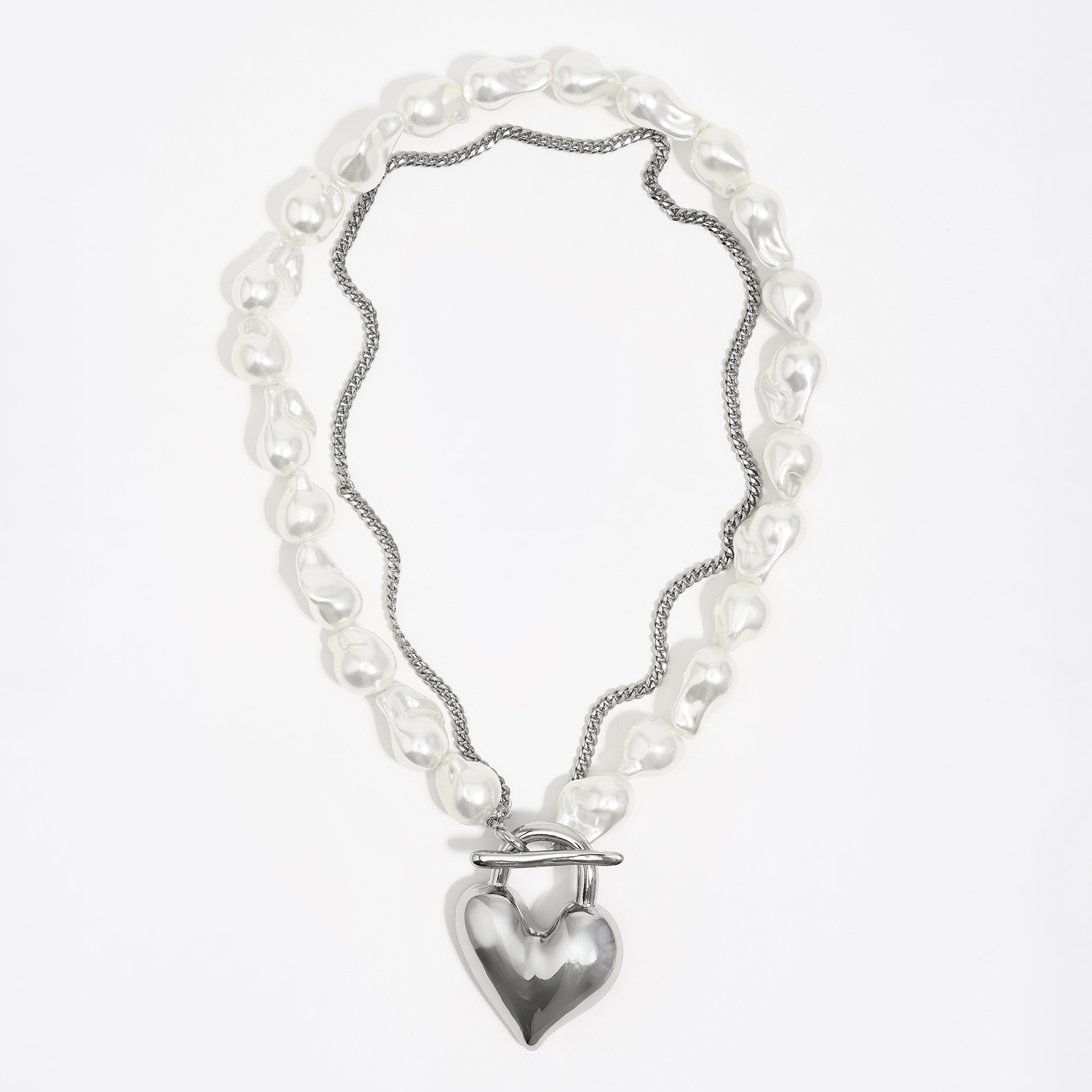 Bimba Y Lola Dark Silver Silver Padlock Heart Pearl Necklace