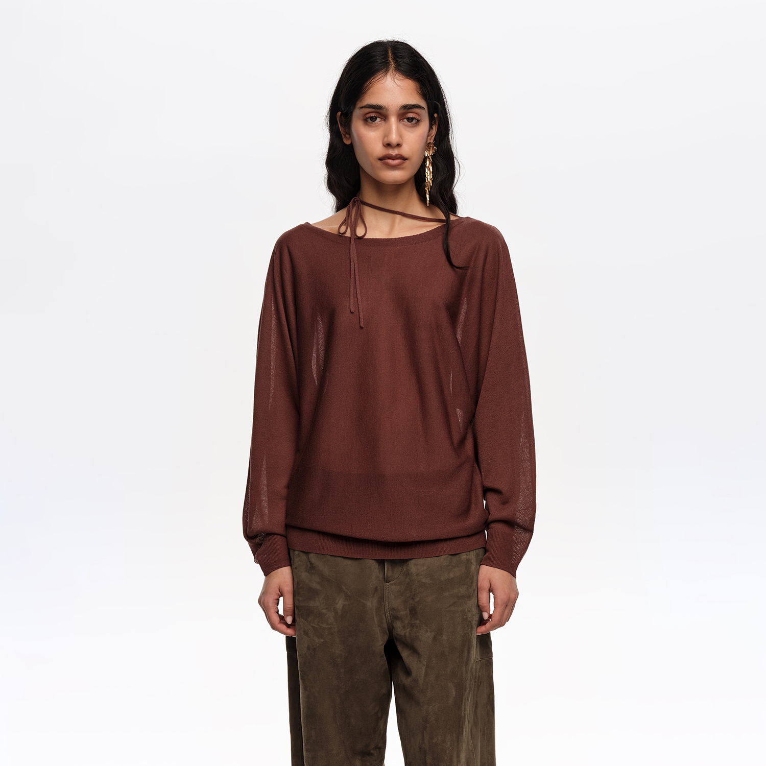 Bimba Y Lola Brown Boat Neckline Crossover Ties Sweater