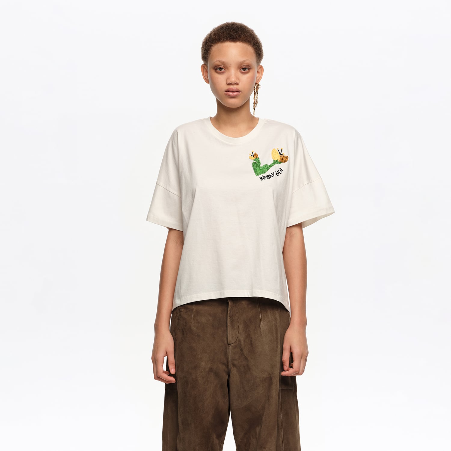 Bimba Y Lola Ivory Hand Embroidered Logo T-Shirt