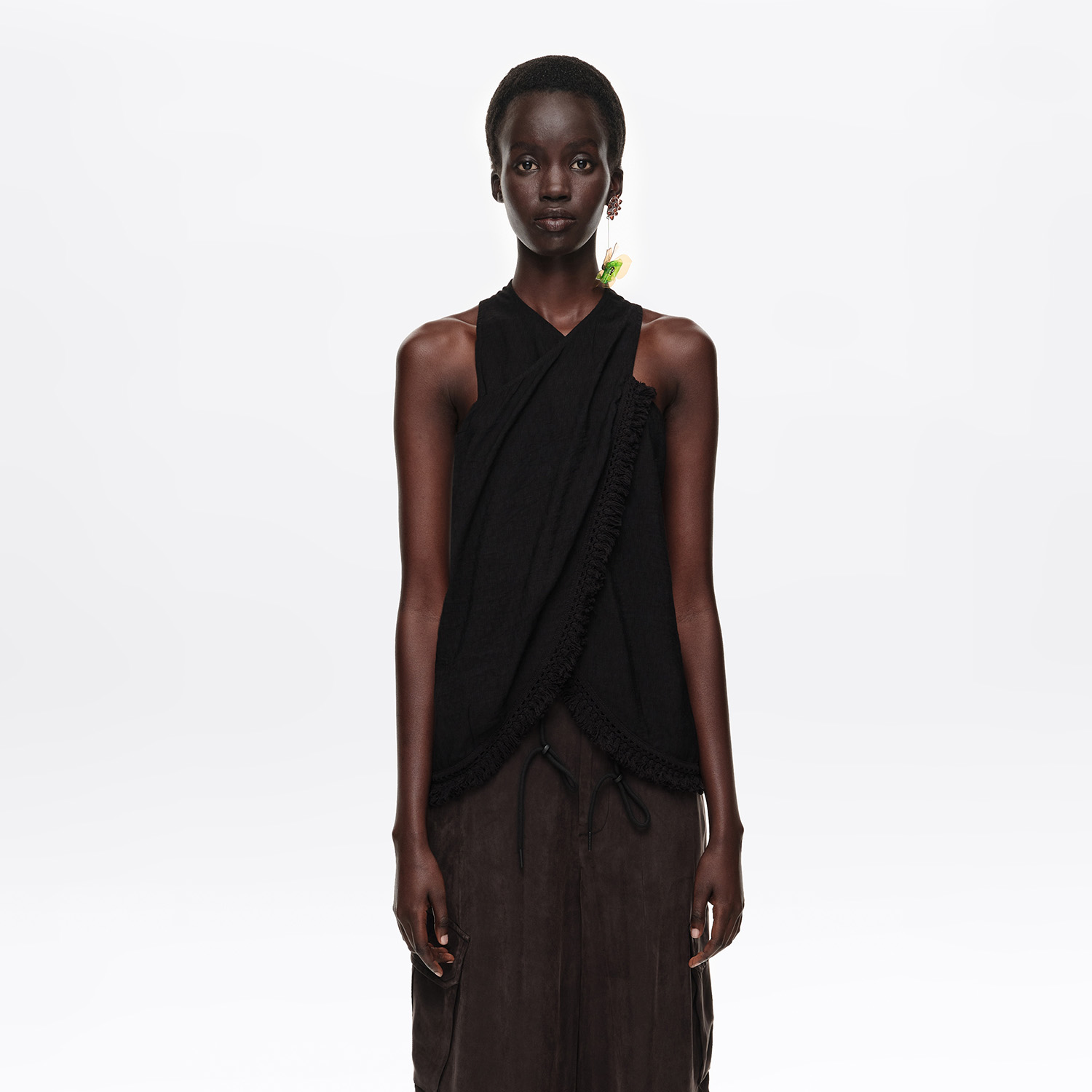 Bimba Y Lola Black Fringed Wrap Top