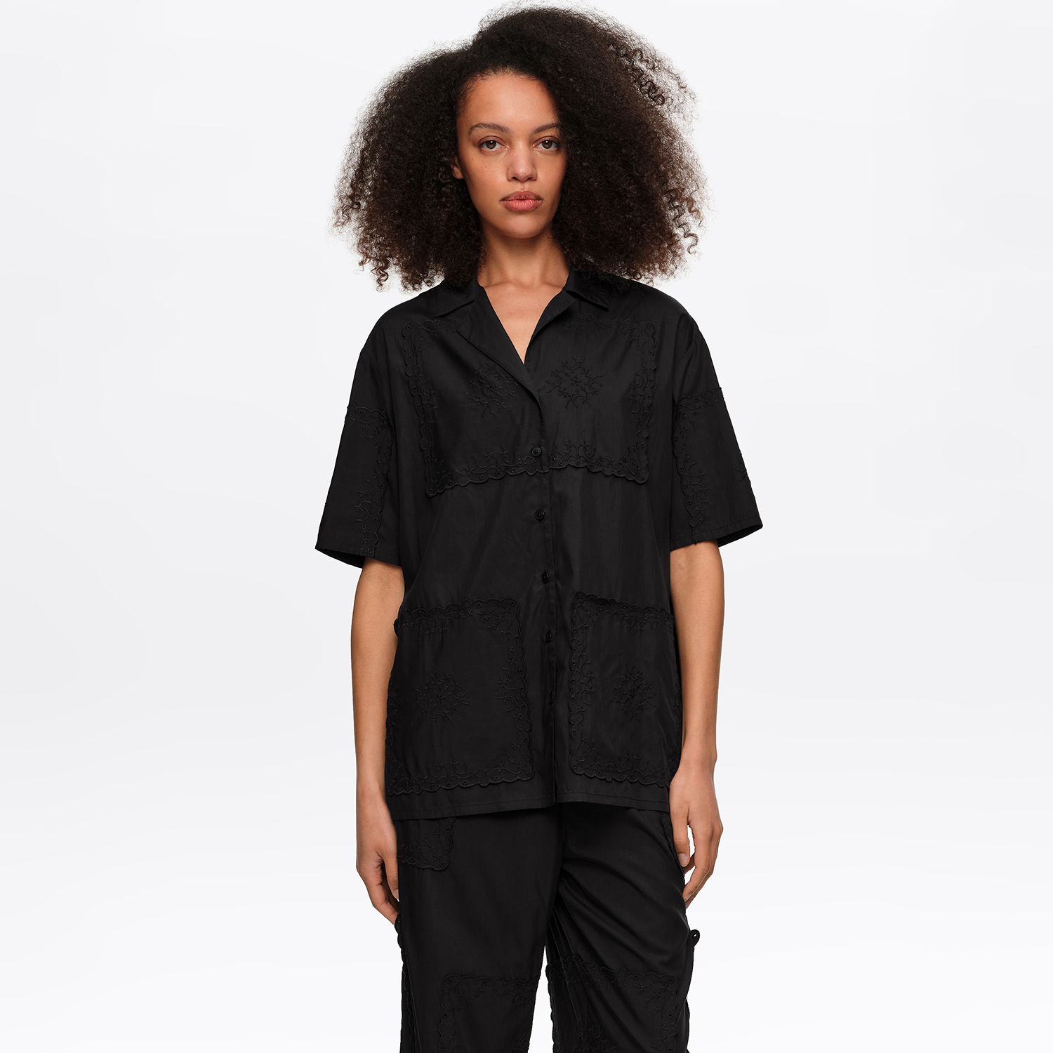 Bimba Y Lola Black Embroidered Scarf Patchwork Shirt
