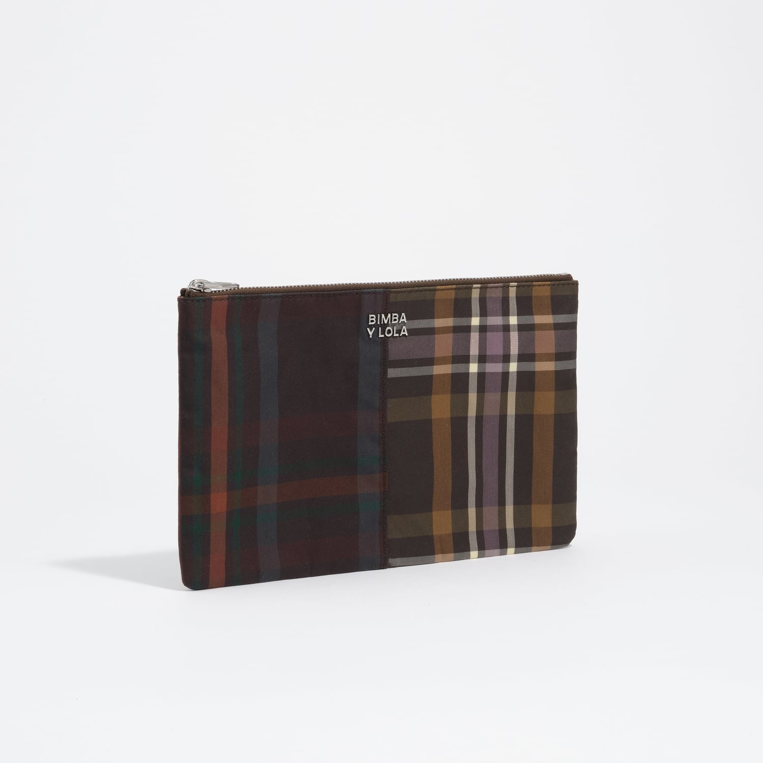 Saszetka kopertowa średnia woskowane wykończenie tartan czekoladowo-zielona