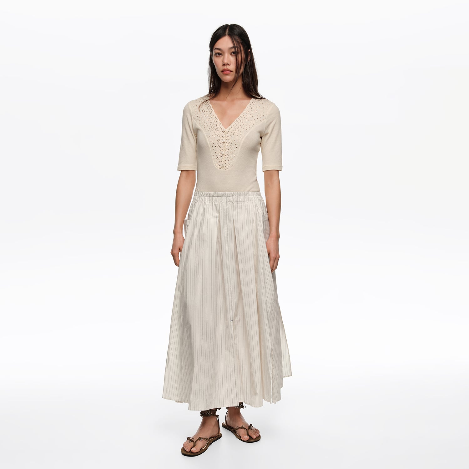Bimba Y Lola Ivory Striped A-Line Skirt
