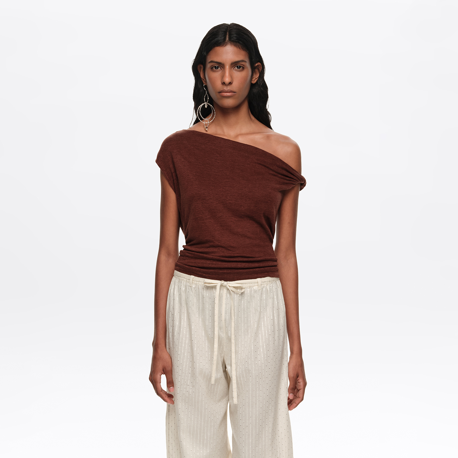 Bimba Y Lola Brown Linen Knot-Neckline Top