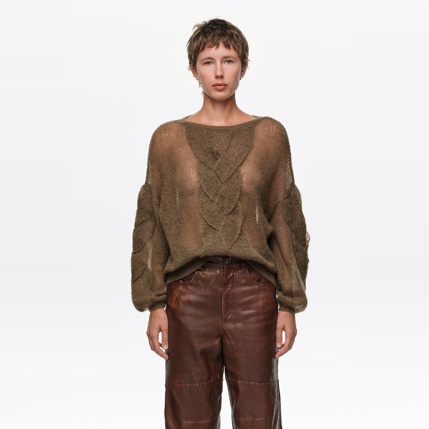Sweter moherowy splot warkoczowy oliwkowy 2