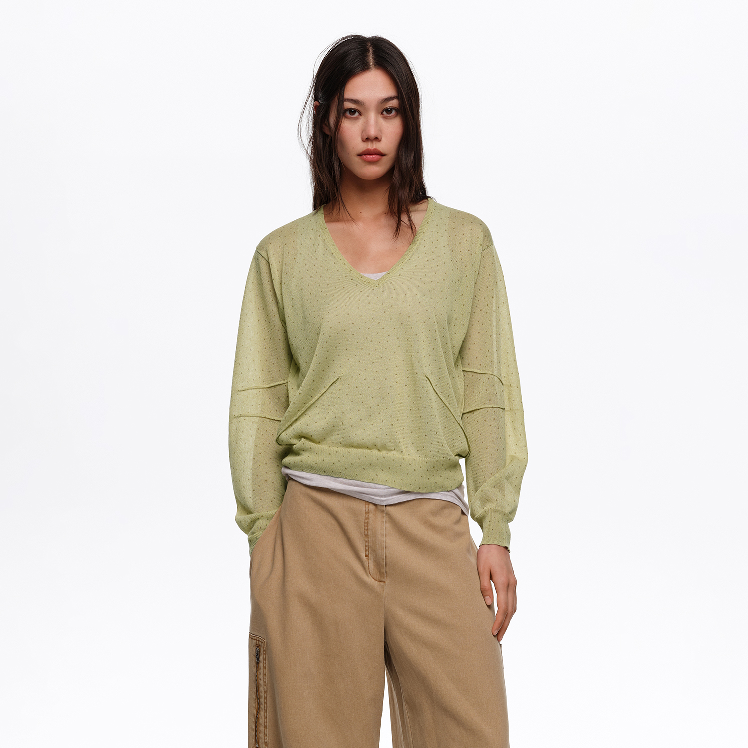 Sweter prosty Dots mini oliwkowy
