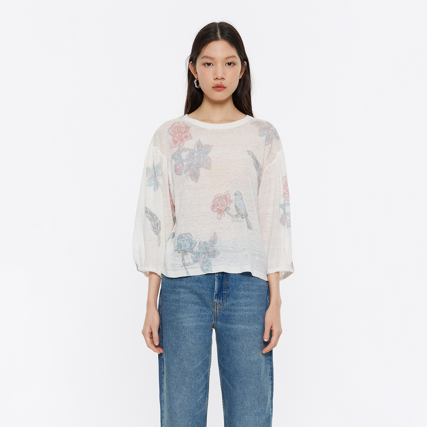 Sweter bufiasty rękaw Birds kość słoniowa