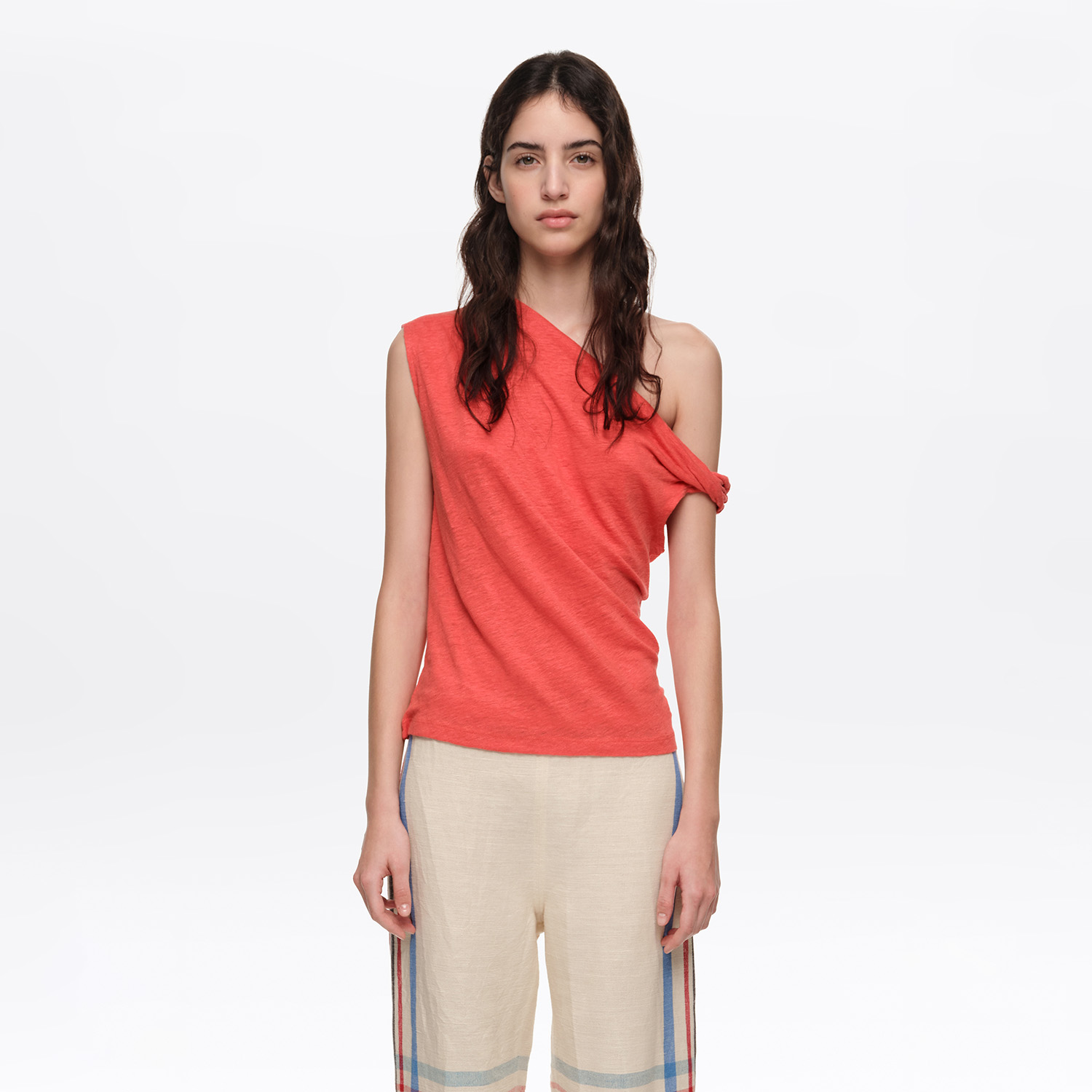 Bimba Y Lola Coral Linen Knot-Neckline Top