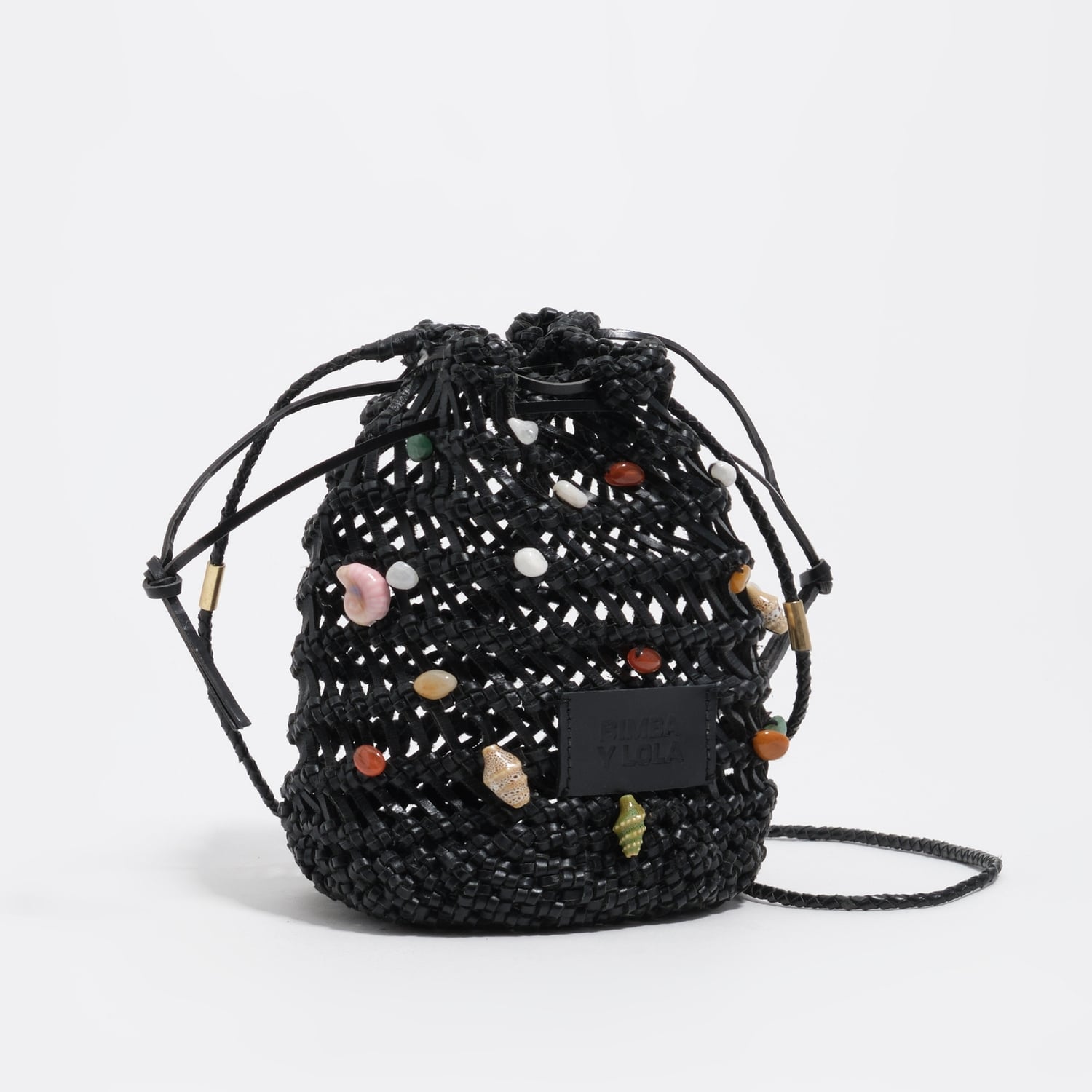 Bimba Y Lola Black Mini Bucket Bag In Plaited Leather With Natural Stones