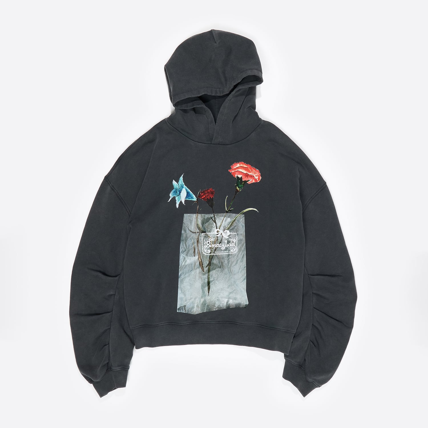 Bluza kaptur logo kwiaty czarna efekt sprania