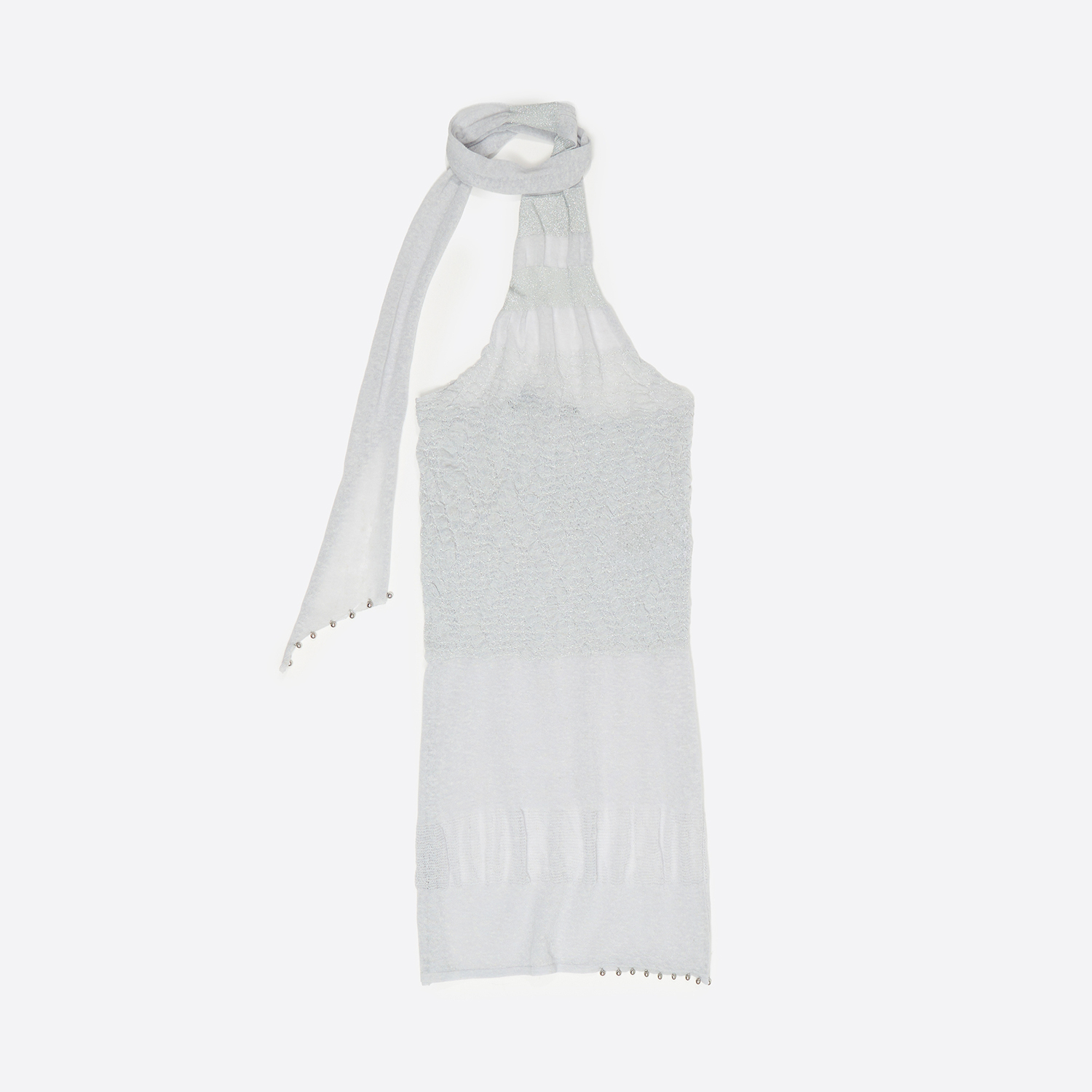 Top z dekoltem halter w kolorze jasnoszarym metalicznym ukosny