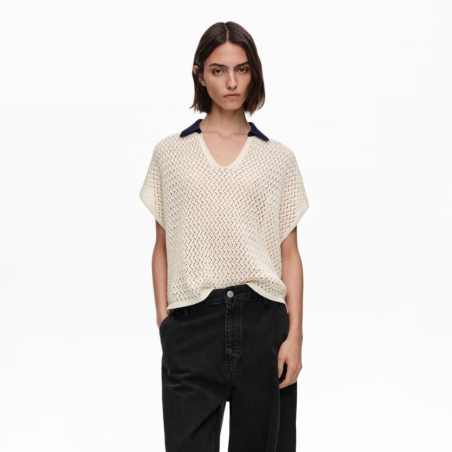 Sweter polo bawełniany ażurowy kość słoniowa