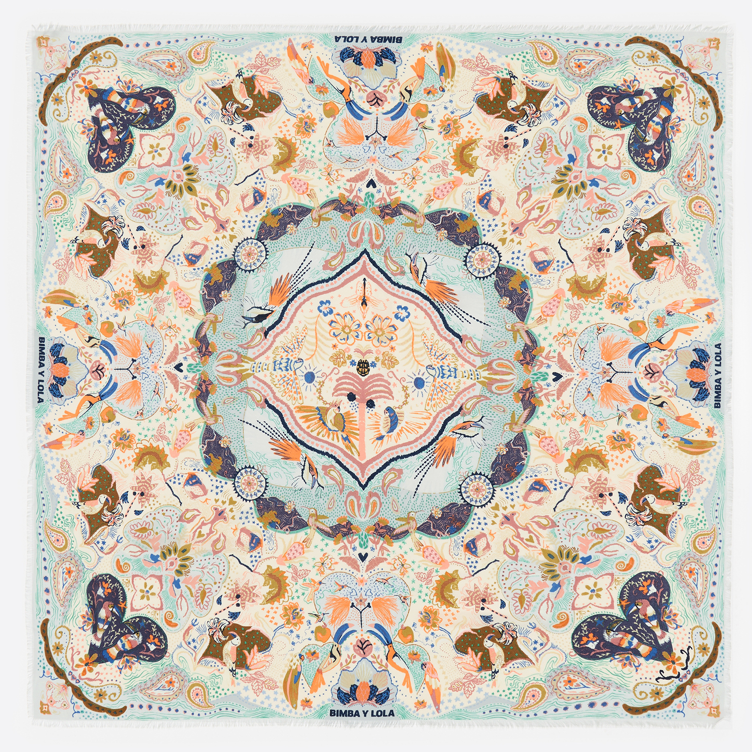 Bimba Y Lola Blue Tropical Birds Circular Composition Shawl