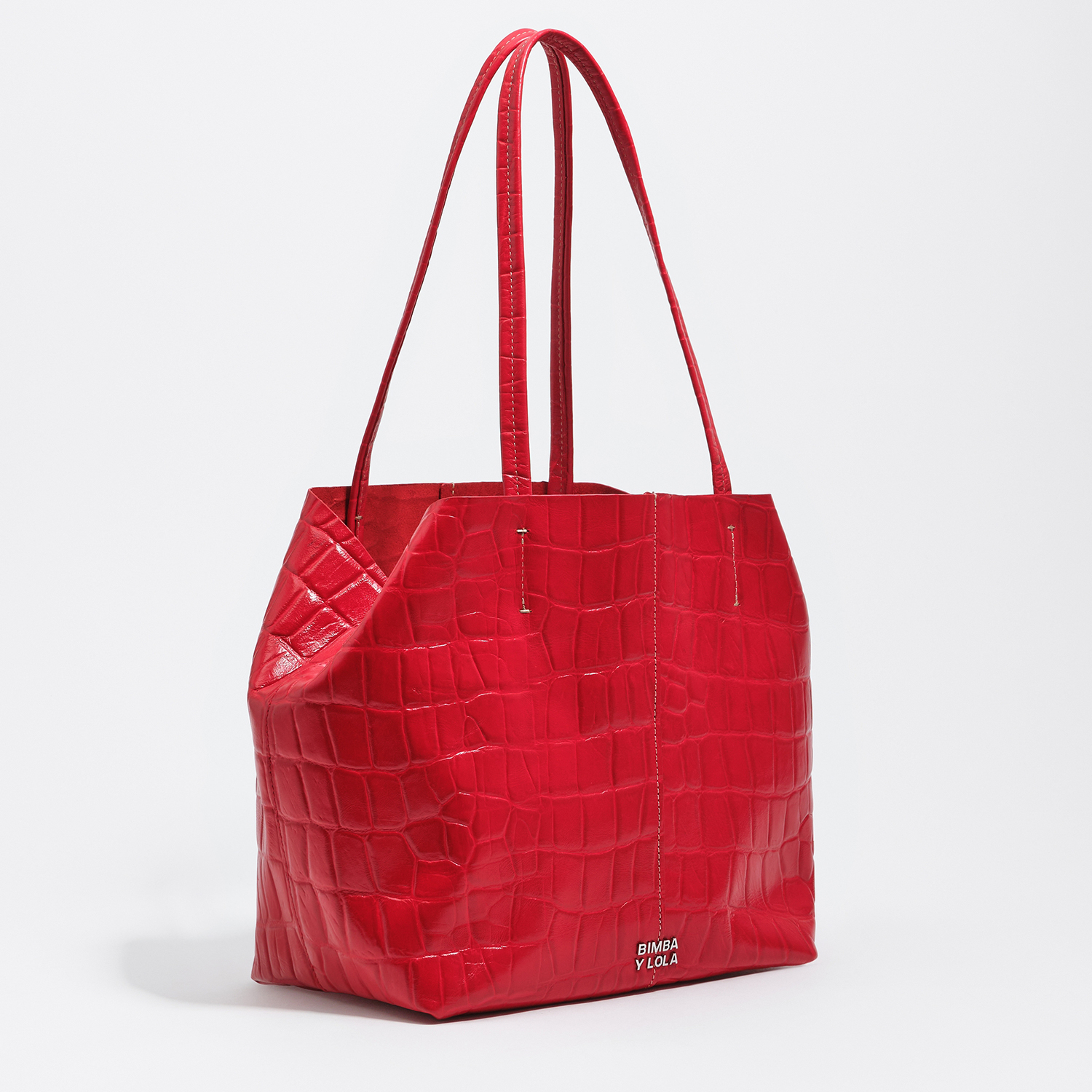 Bimba Y Lola Red Medium Leather Shopper Bag In Crocodile Embossed