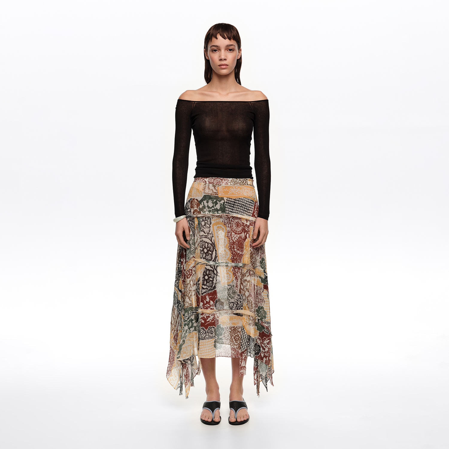 Bimba Y Lola Lace Print Ivory Ivory Lace Fluid Irregular Fringed Skirt