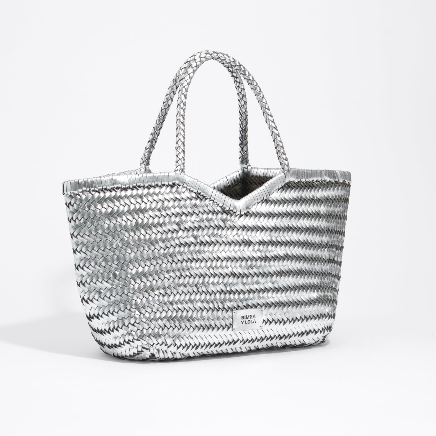 Torba shopper duża skóra pleciona srebrna
