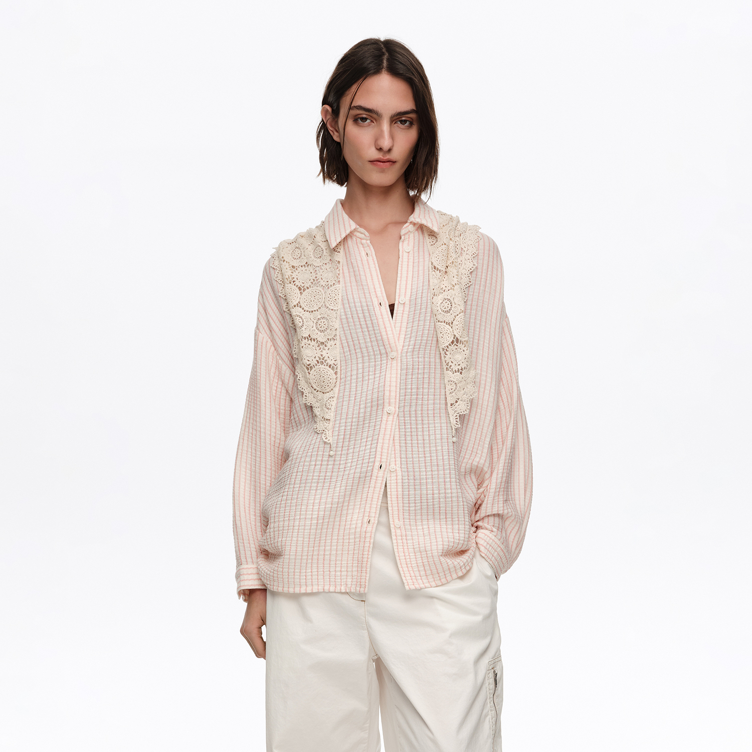 Bimba Y Lola Off White Red Striped Crochet Scarf Shirt