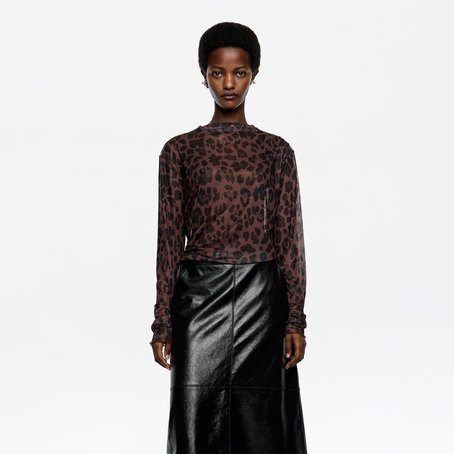 Ruched tulle T-shirt Leopard Big dark brown
