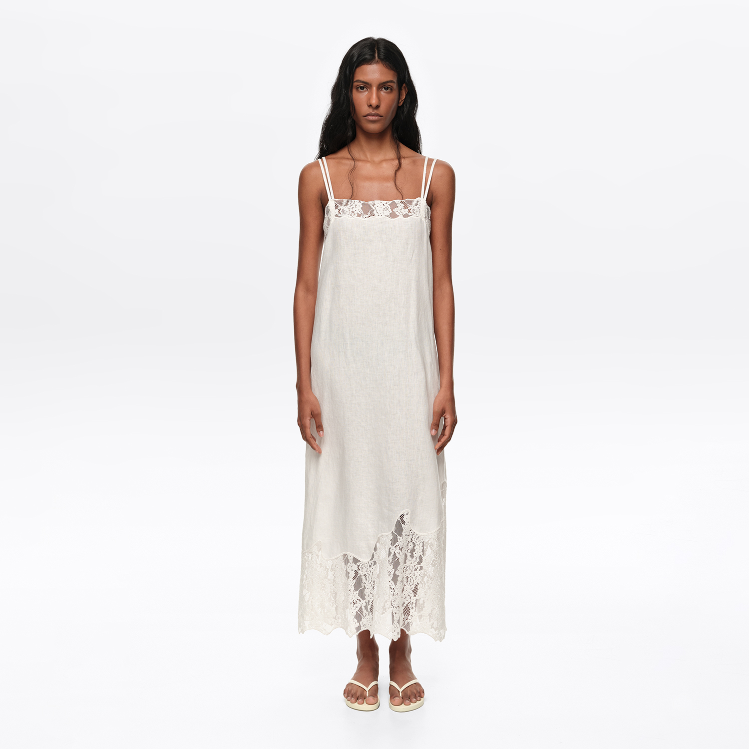 Bimba Y Lola White Washed Linen Lace Midi Dress