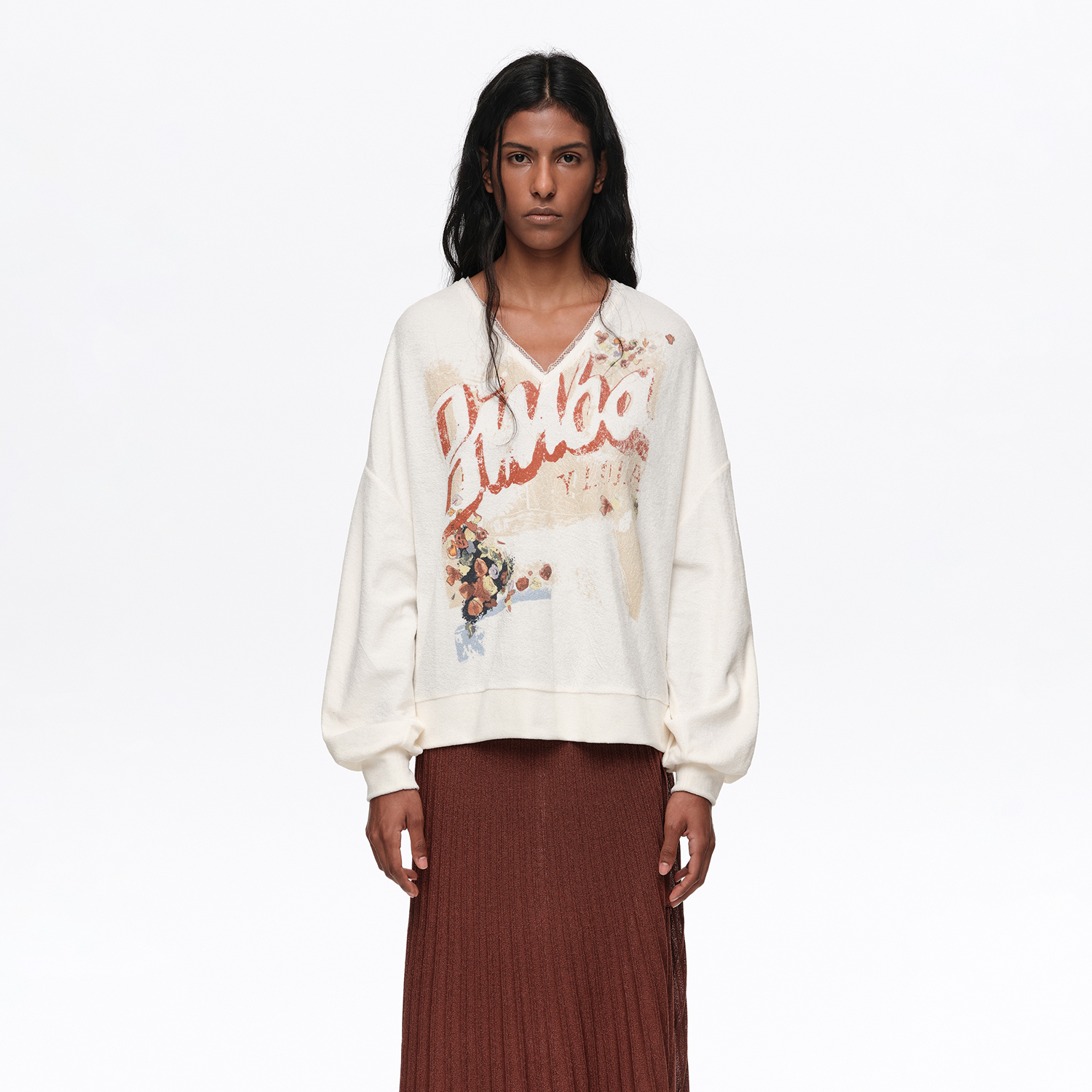 Bimba Y Lola Ivory Toweling V-Neck Sweatshirt
