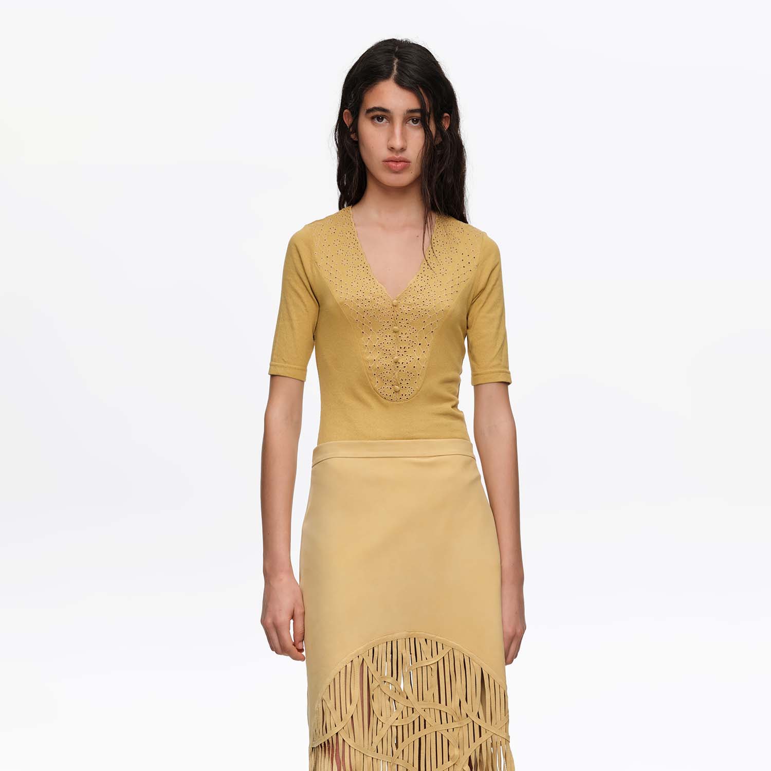 Bimba Y Lola Mustard Embroidered Bodysuit