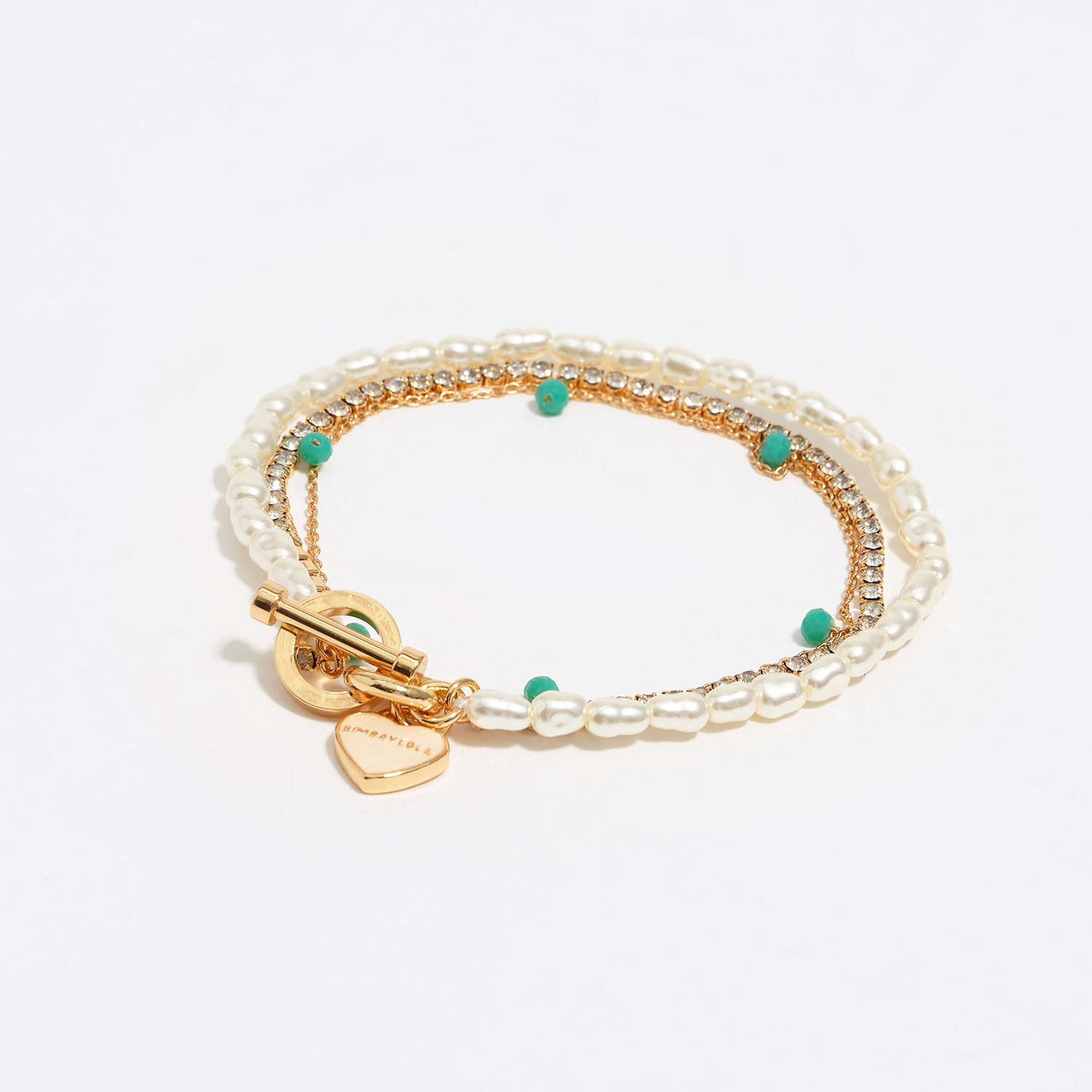 Bimba Y Lola Pearl Gold-Tone Chain And Heart Logo Double-Layer Bracelet