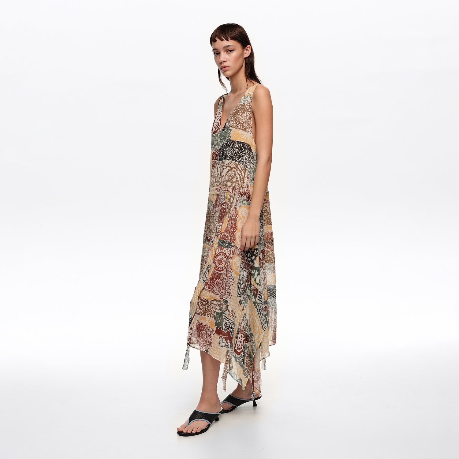 Bimba Y Lola Lace Print Ivory Ivory Lace Irregular Fluid Dress With Frayed Details