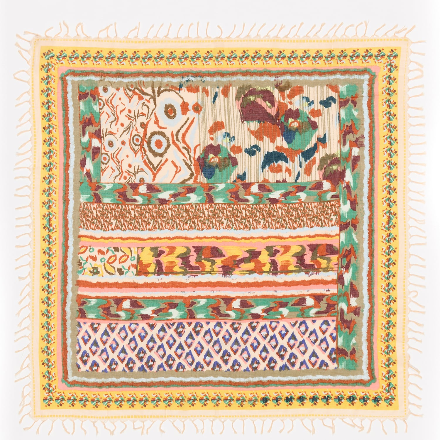 Bimba Y Lola Yellow Ikat Flower Patchwork Shawl